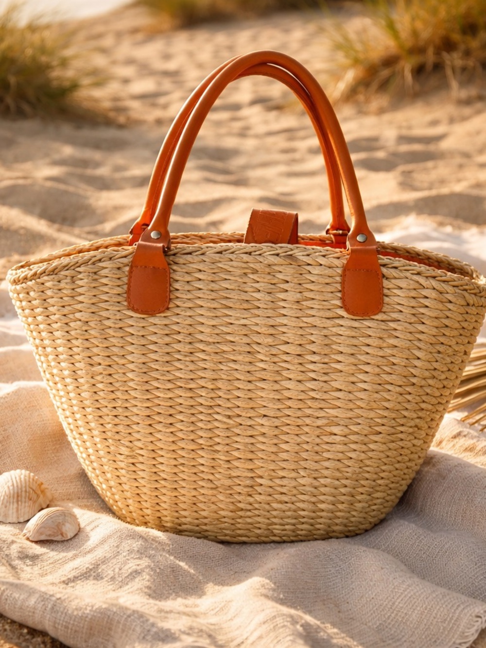 Handwoven Straw Tote with Tan Leather Handles